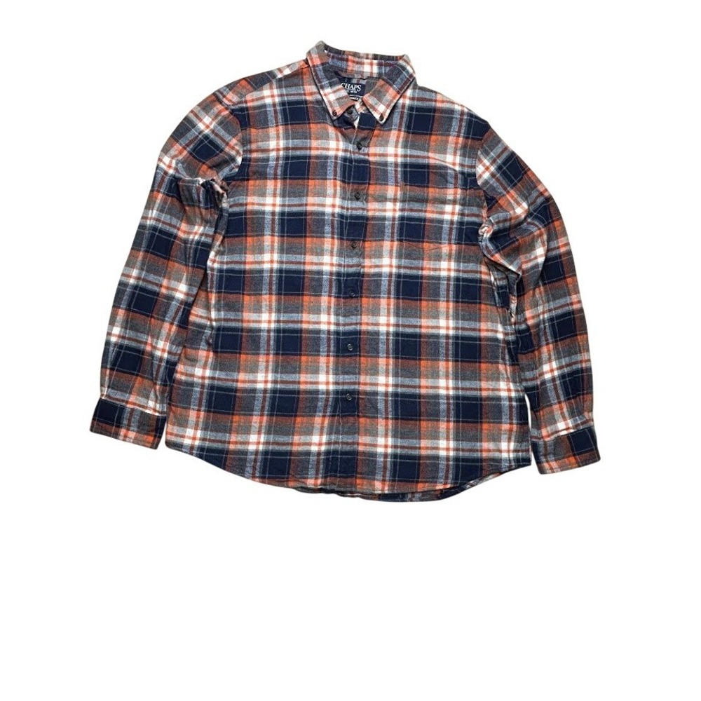 Chaps Mens‎ XXL Performance Flannel Shirt Navy Blue Orange Plaid Button Down
